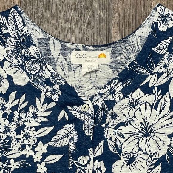 C&C California Women M 100 Linen Button Front Pullover Boho Blouse Tropic Floral - Picture 2 of 7
